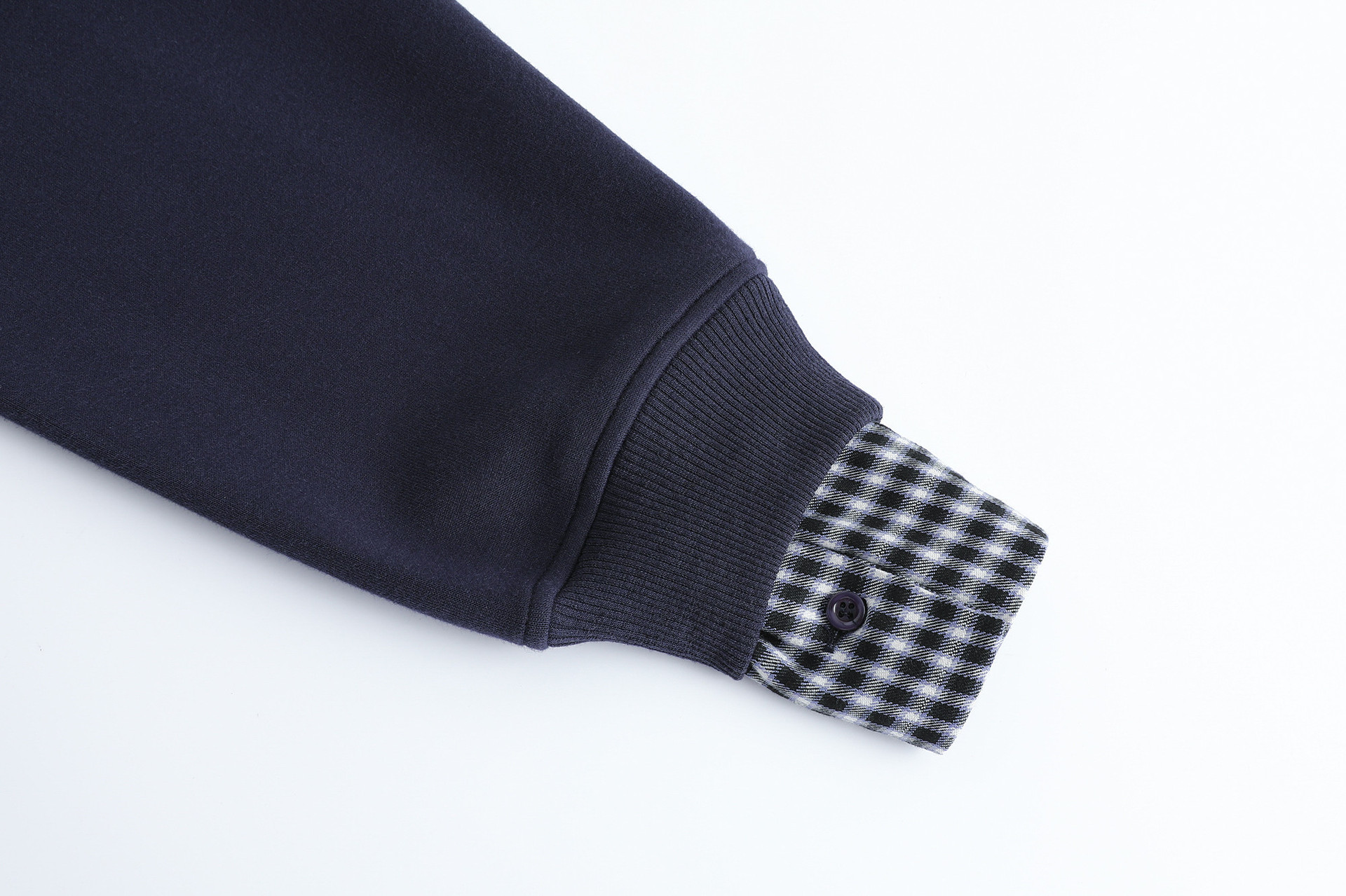 Cotton High Neck Checked Pieced Double-Layer Zipper Hoodie