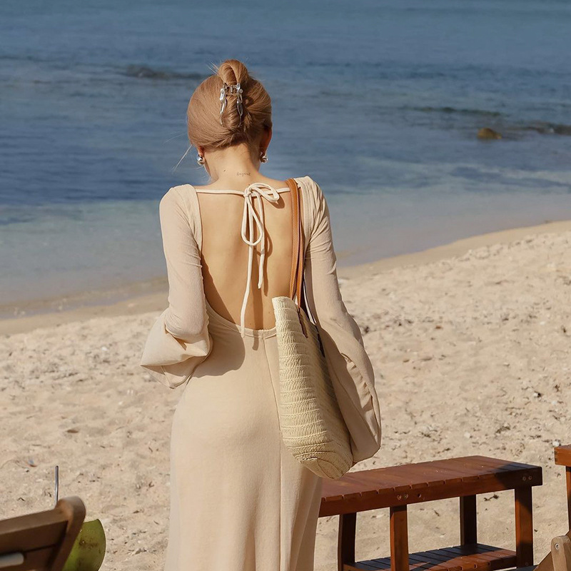U-Neck High Waist Bodycon Bell Sleeve Maxi Dress