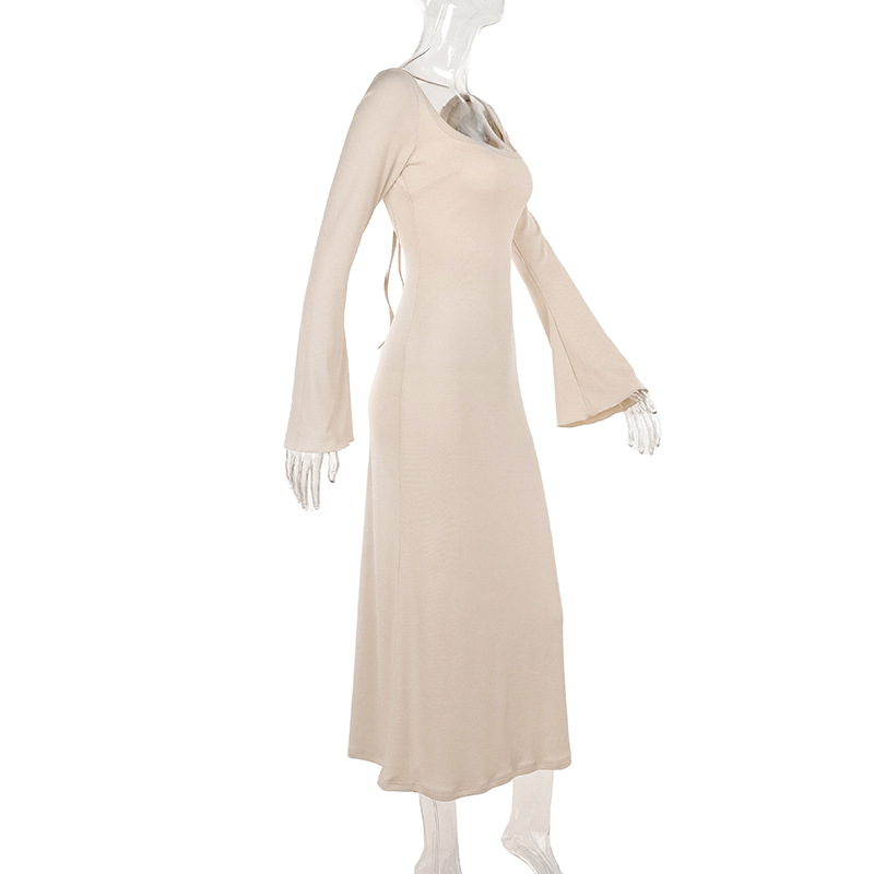U-Neck High Waist Bodycon Bell Sleeve Maxi Dress