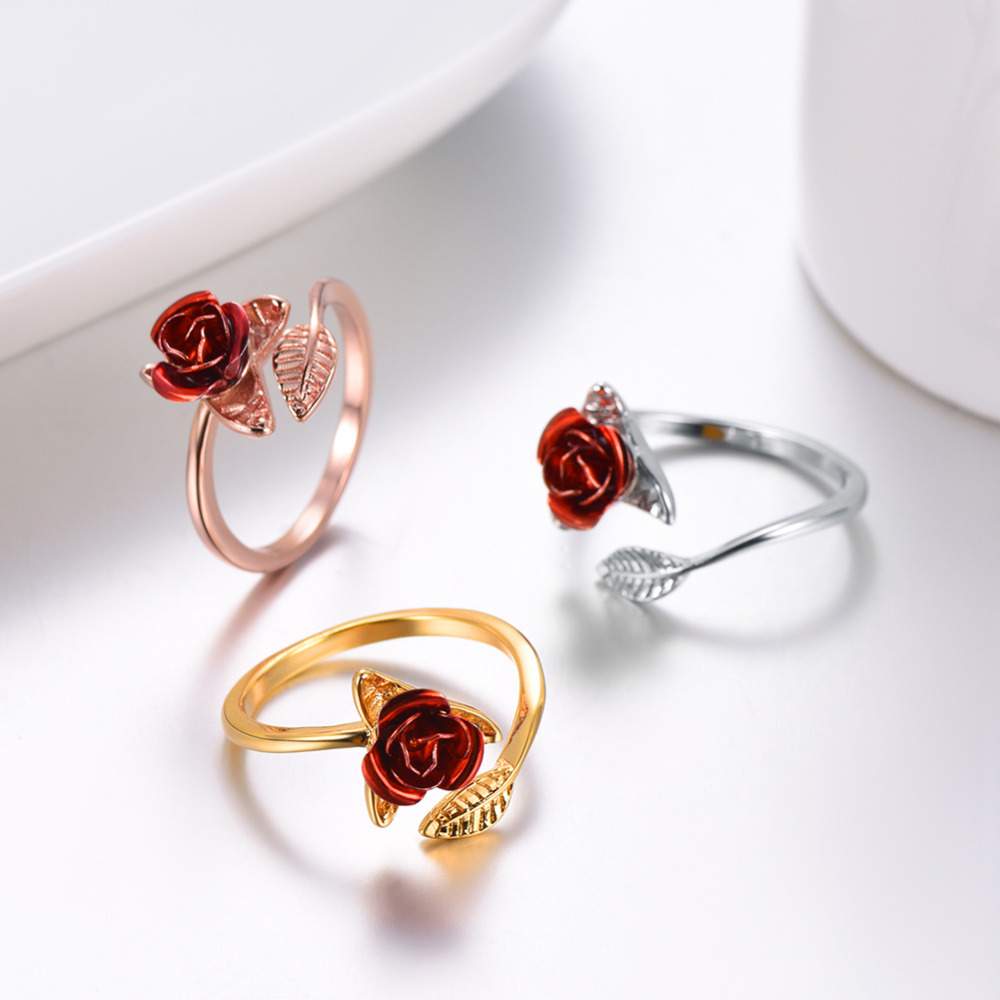 U7 Red Rose Garden Flower Leaves Resizable Finger Rings for Women Valentine's Day Gift Jewelry Hot Sale Open Ring R1019