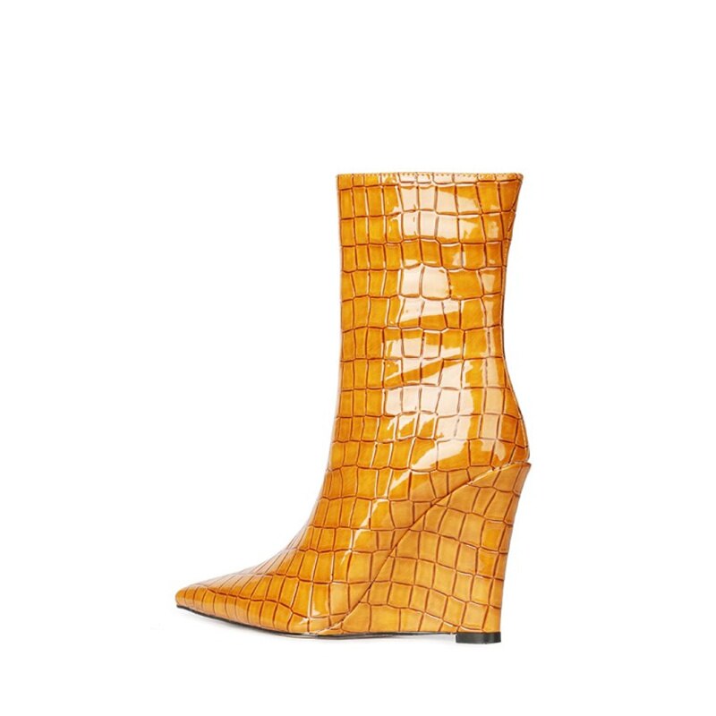 Crocodile Pattern Woman Vulcanize Shoes Pointed Toe Wedges Zip Lattice Ankle Boots High Heel Neon Orange Mid Calf Boots