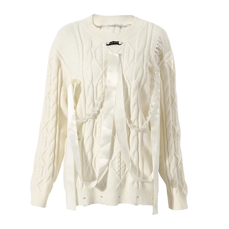 Cream O-Neck Sweater Hollow Bow Gem Link