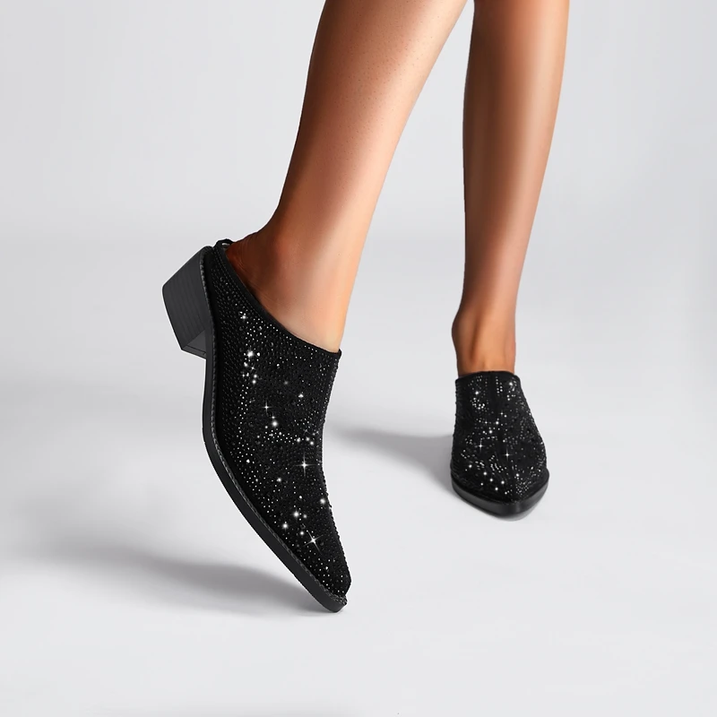 Ladies Tapered Toe Chunky Suede Crystal Mules