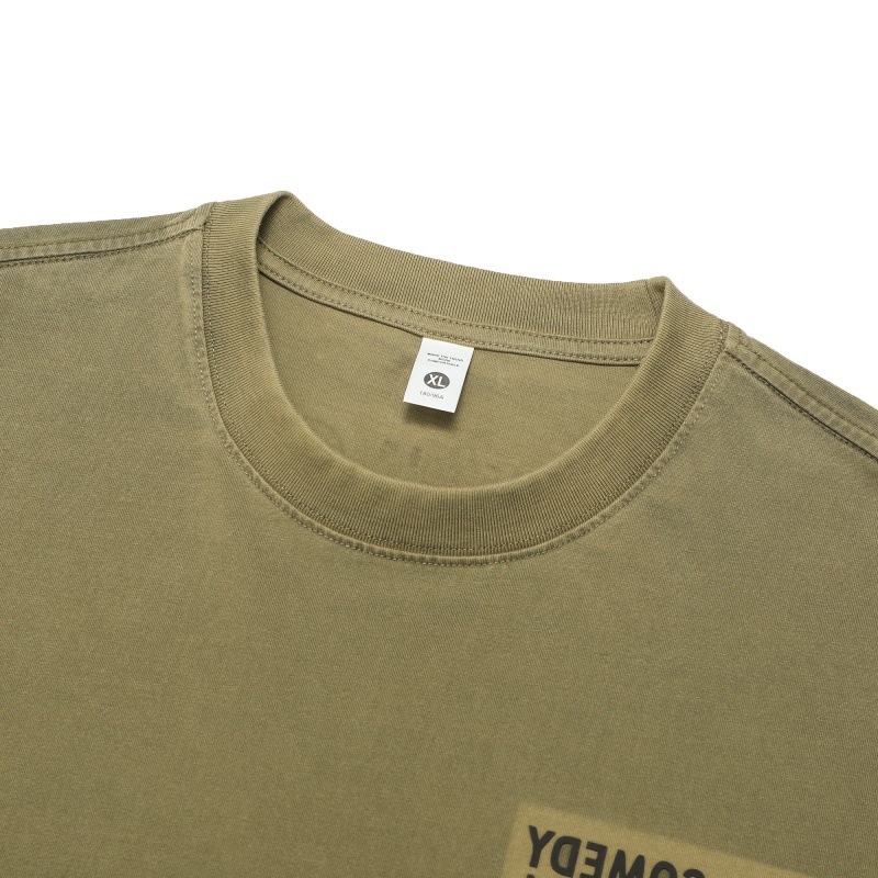 Washed and distressed letter print design with small neckline and short sleeved T-shirt