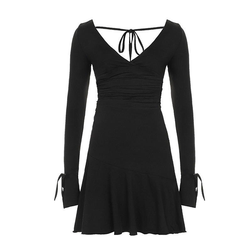 Deep Plunge Frill Full Arm Fitted Ladies Dress
