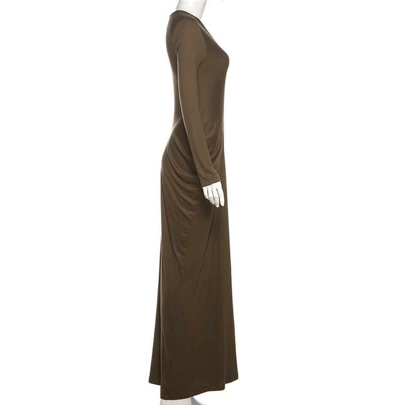 Crinkled Plunging Fitted Plain Full-Sleeve Maxi Dress