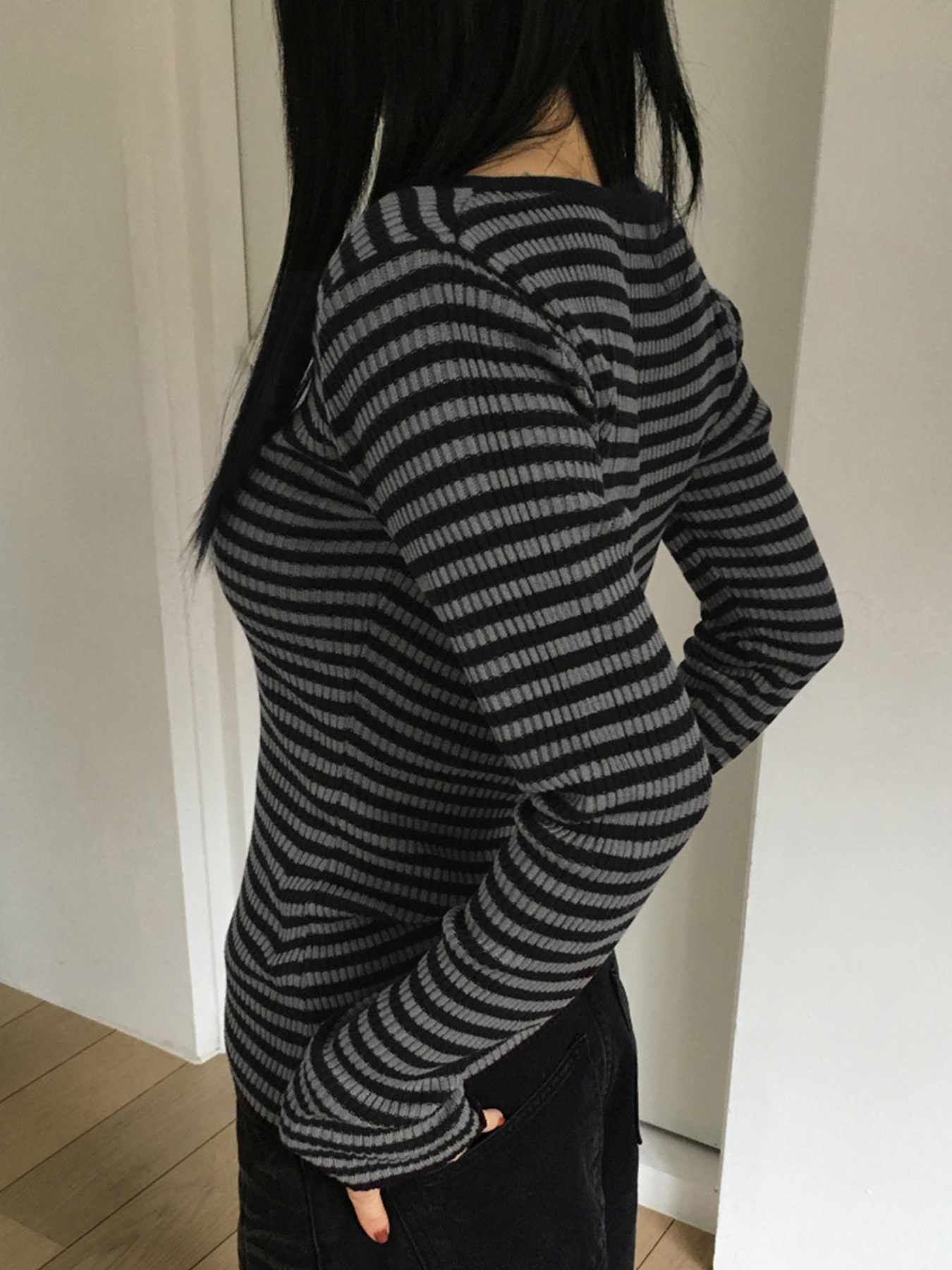 Simple Fashion Striped Color Block Round Neck Basic Long Sleeve Slim Fit Versatile Slimming Casual Short Top