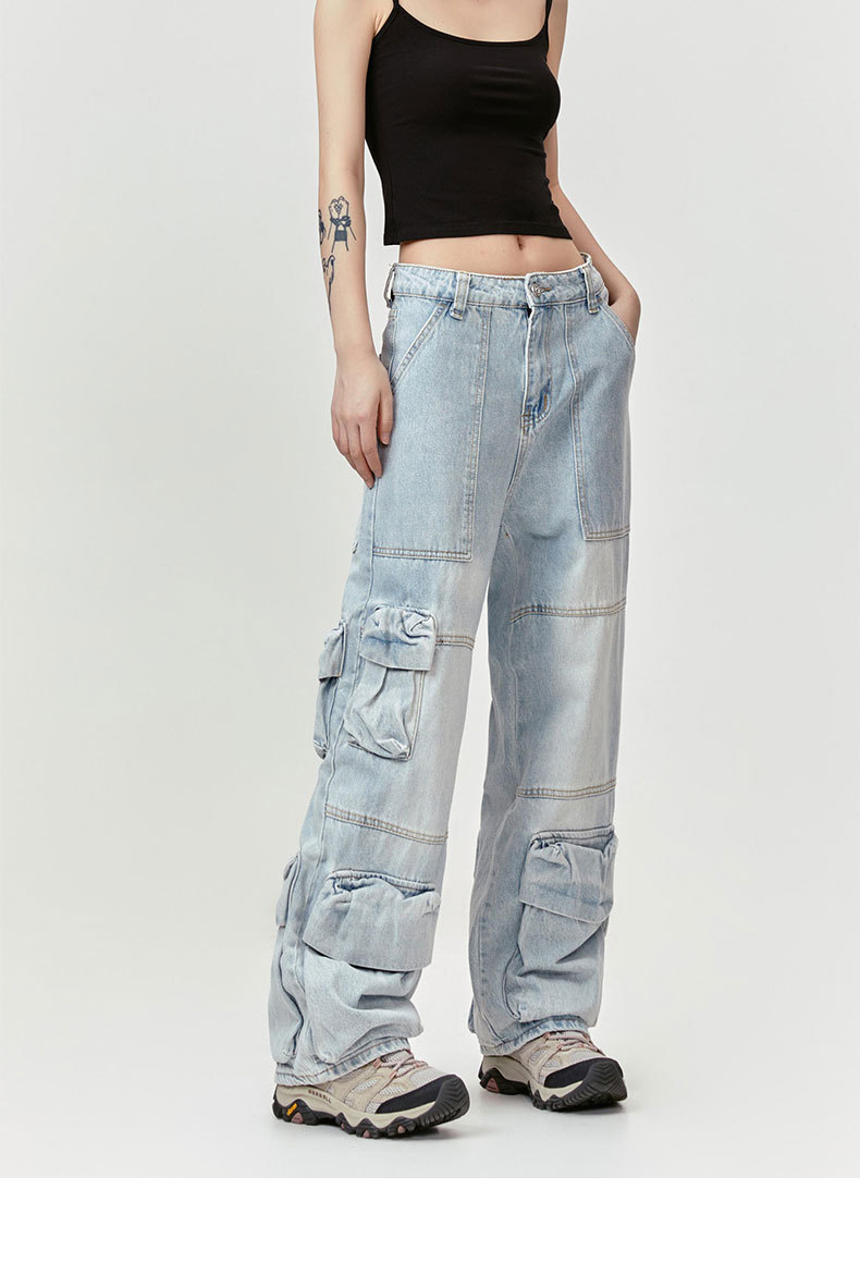 Washed Leg White Faded Multi-Pocket Straight Tapered Jeans Long Pants