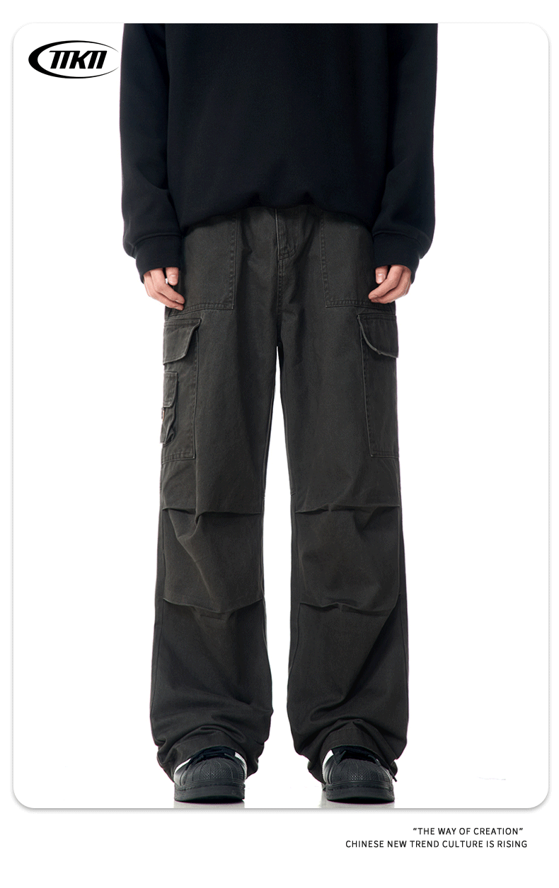 Faded Vintage Pleated Trendy Loose Fit Straight Leg Wide Leg Casual Trousers for Men and Women