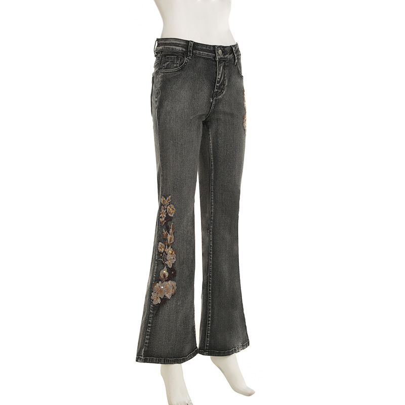 Bead embroidery floral design for vintage washed micro flared jeans