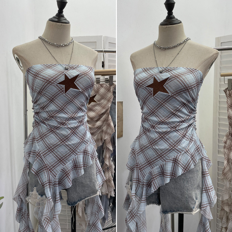 Sultry Asymmetric Plaid Mesh Strapless Top