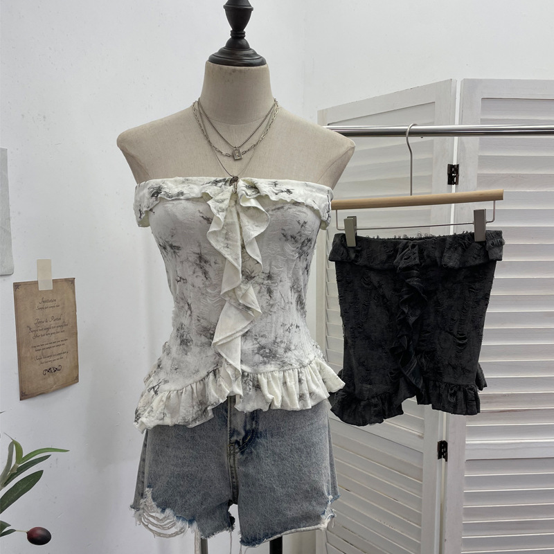 Ombre Asymmetrical Distressed Frilled Bandeau Vest