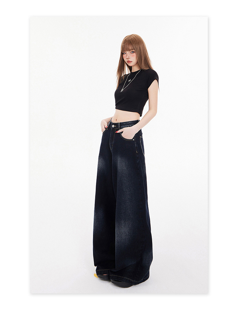 Women's Grey Floor-Length Loose Wide-Leg Pants Vintage Straight Leg Jeans