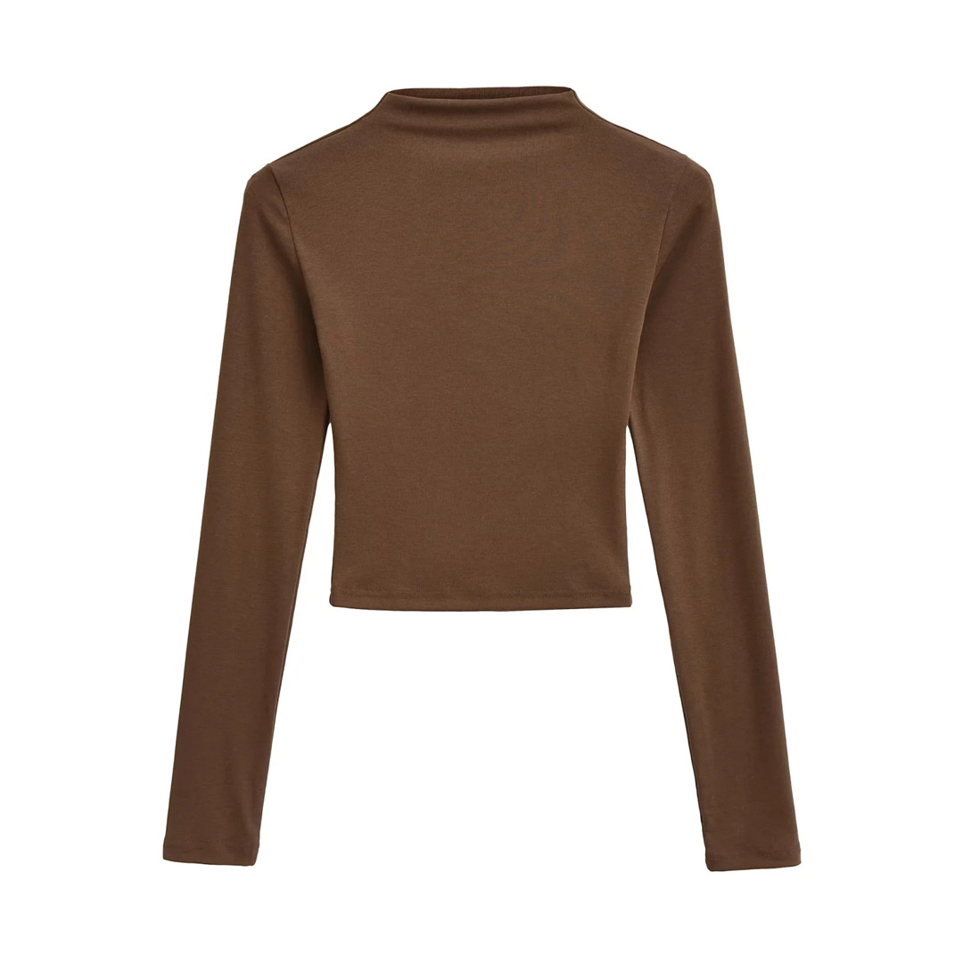 Slim Plain Mock Turtleneck Long Sleeve Belly Tee