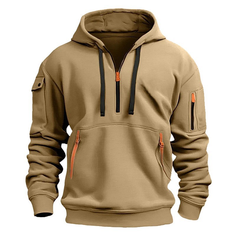 Loose Warm Men Hip-Hop Striped Cargo Zip Hoodie