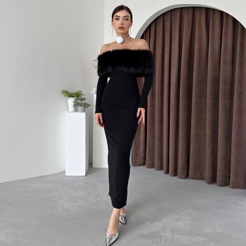 Body-Hugging Asymmetric Furry Trim Three-Quarter Sleeve Dress