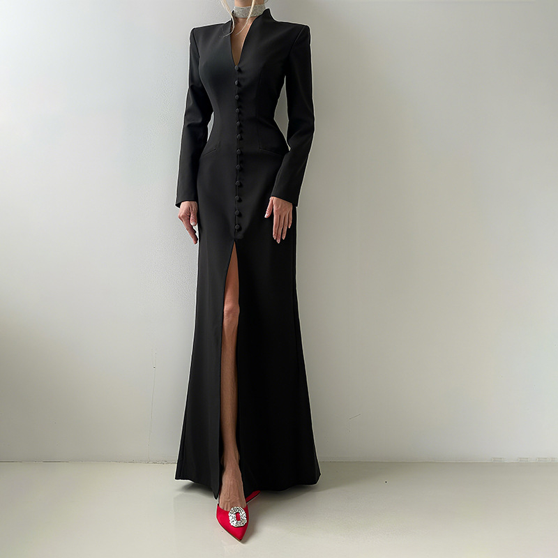 Plunging Neckline Long Sleeve Cinched Torso Vented Dress
