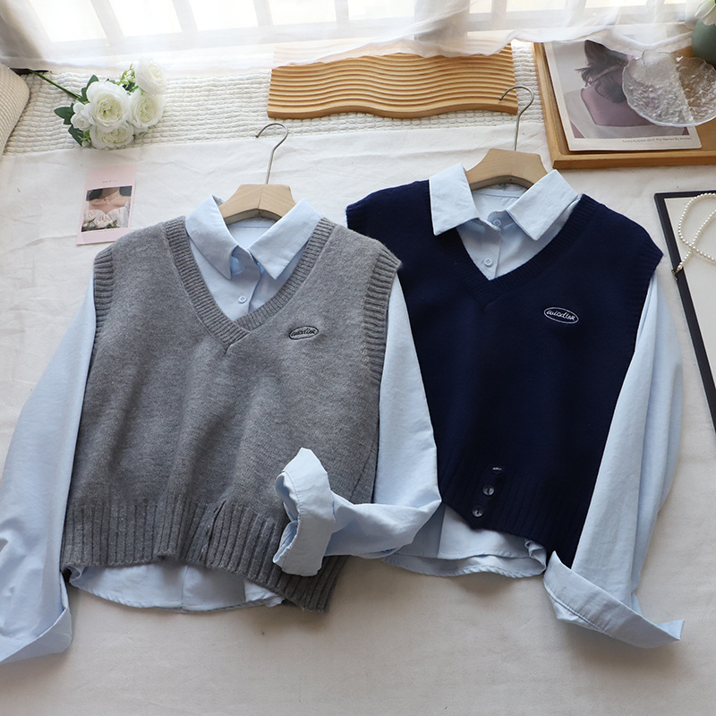 Fashion Two-Piece Set Shirt + Letter Embroidered Knit Vest for Women