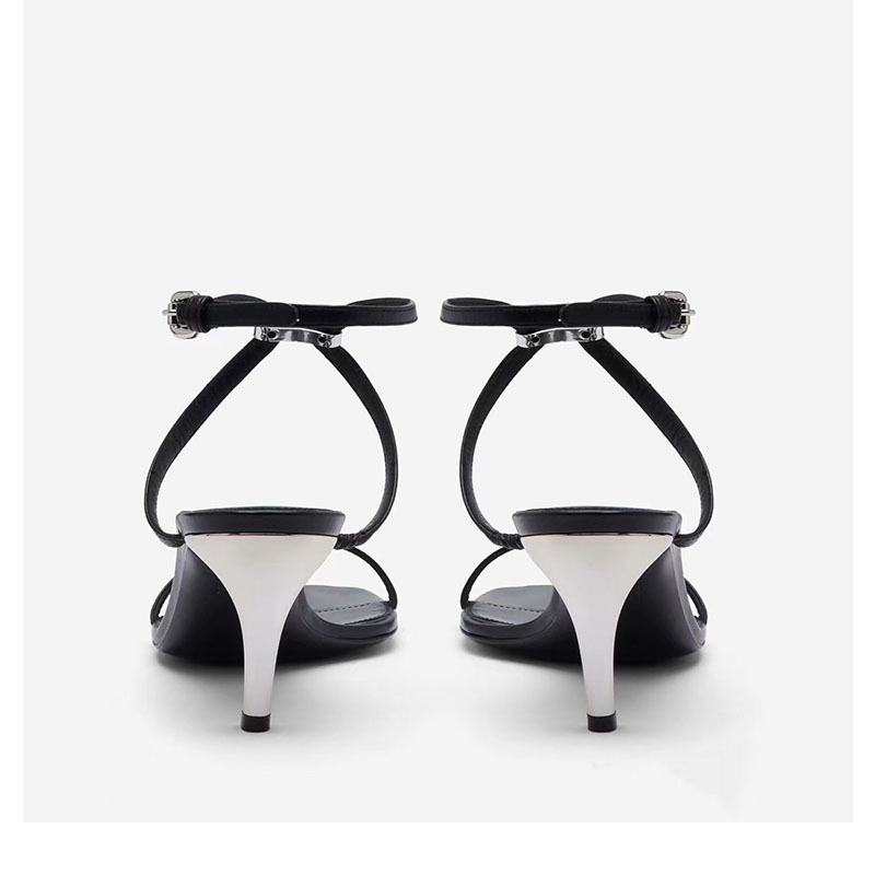 Round toe open toe shaped heel genuine leather sandals with European and American style belt buckle