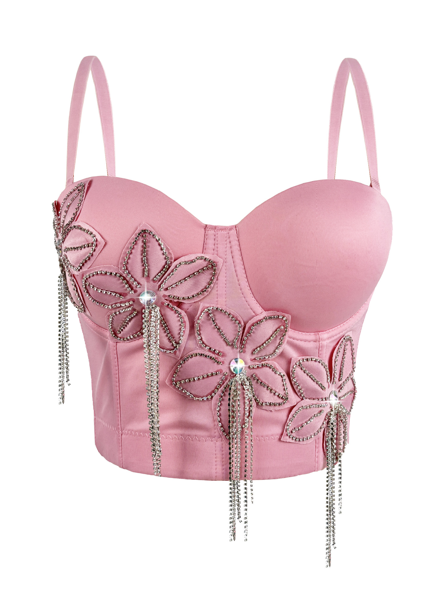 Floral Rhinestone Chain Tassel Boned Bustier Heavy Embroidery Fitted Strapless Camisole Outerwear Sexy Boned Top