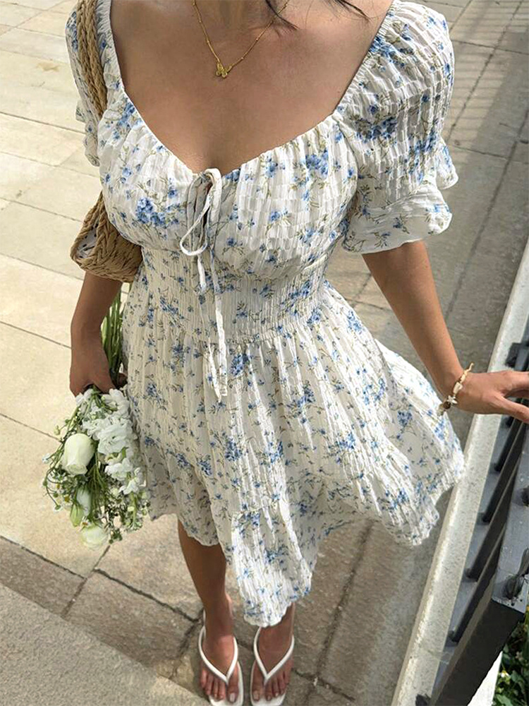 U Neck Puff Tie Waist Frilled Midi Dress