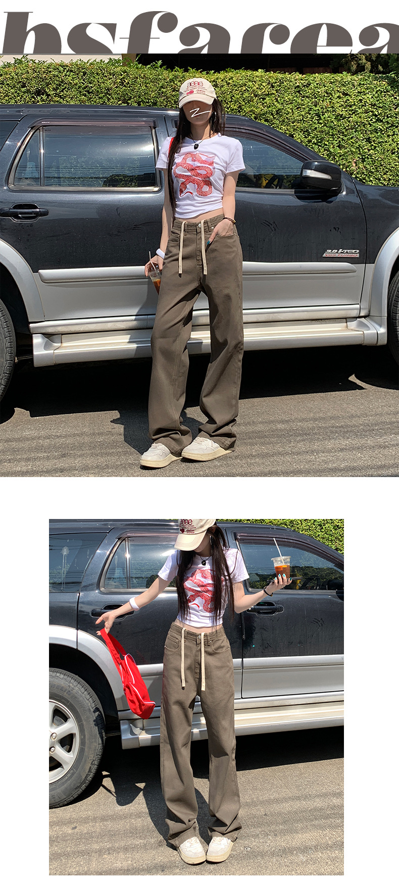 Retro Washed Straight Jeans Women Elastic Waist Versatile Brown High Waist Wide Leg Pants