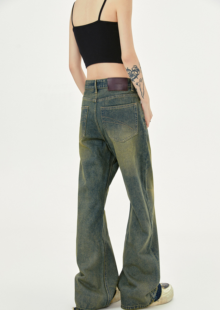 Washed Distressed Wide-Leg Long Jeans with Cuffed Hem