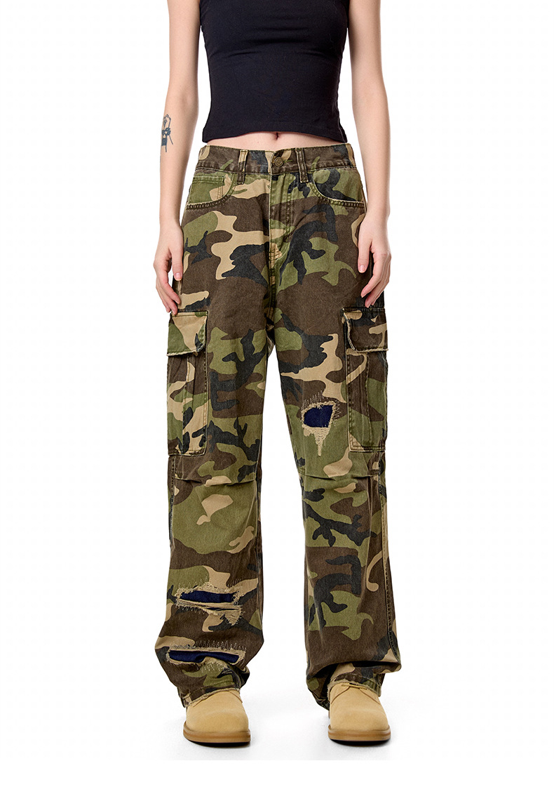 Camouflage Casual Pants with Ripped Patches Loose Straight Leg Trousers with Pockets