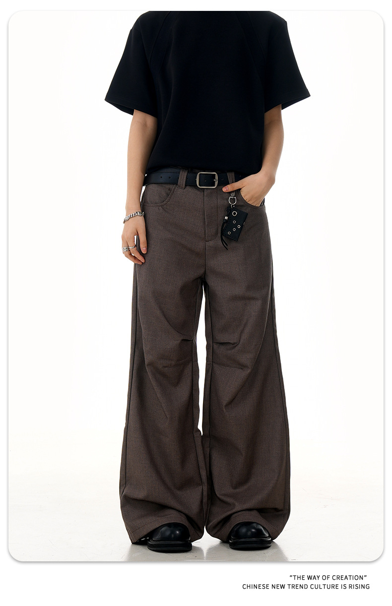Flared Brown Trousers with Pleated Retro Design Loose Fit Casual Slim Long Pants