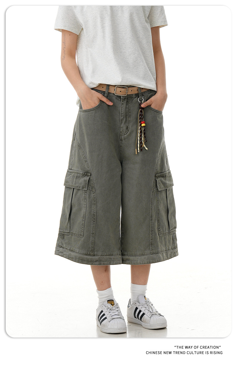 Retro Deconstructed Multi-Pocket Pants Straight Loose Unisex Wide-Leg Cargo Shorts