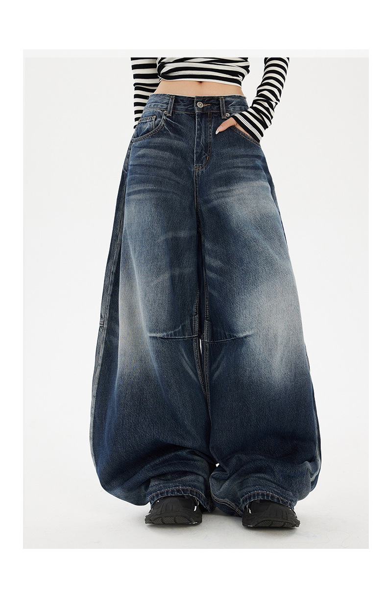 Women's Wide-Leg Jeans Washed Blue Pear-Shaped Slant Pants