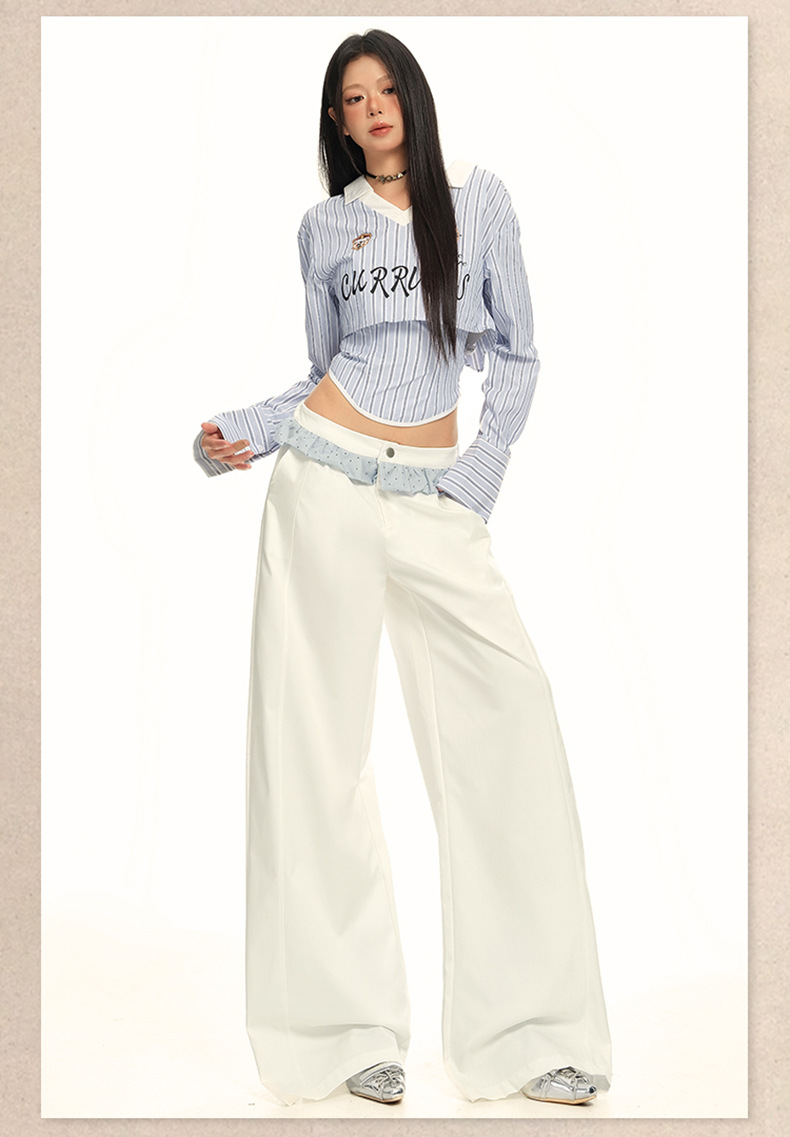 Women's Wide-Leg Casual Pants with White Lace Splicing