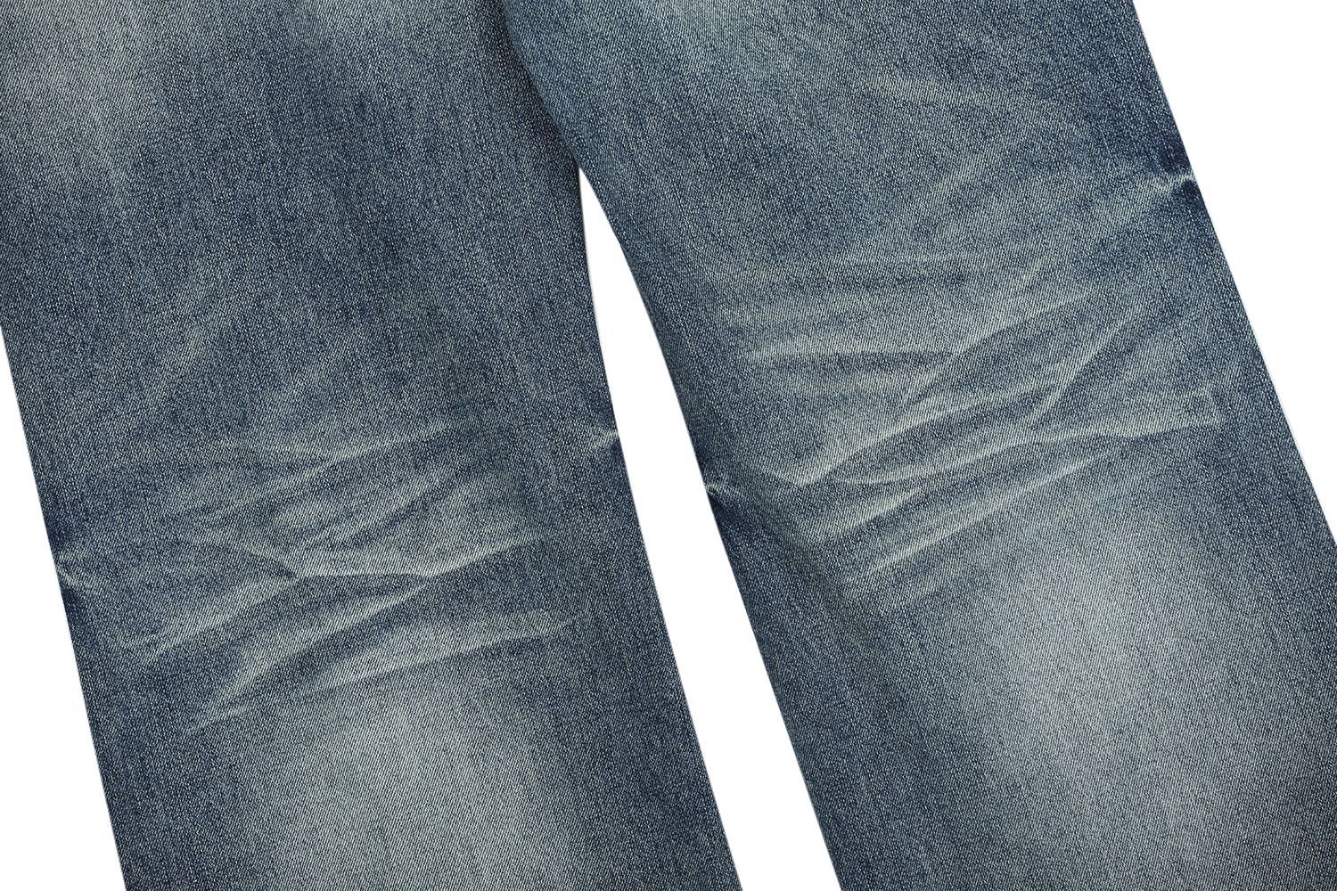 Vintage Street Style Unisex Relaxed Fit Cat-Whisker Pattern Washed Blue Flared Denim Jeans for Men