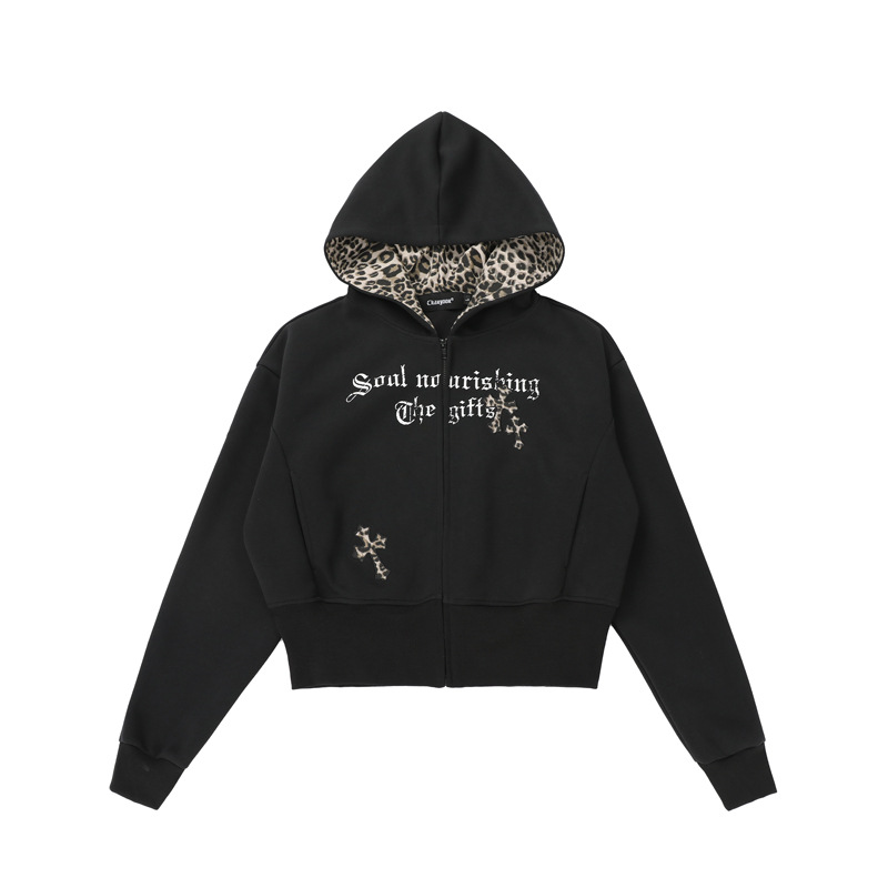 Crop Cheetah Stitch Panel Hood Jacket