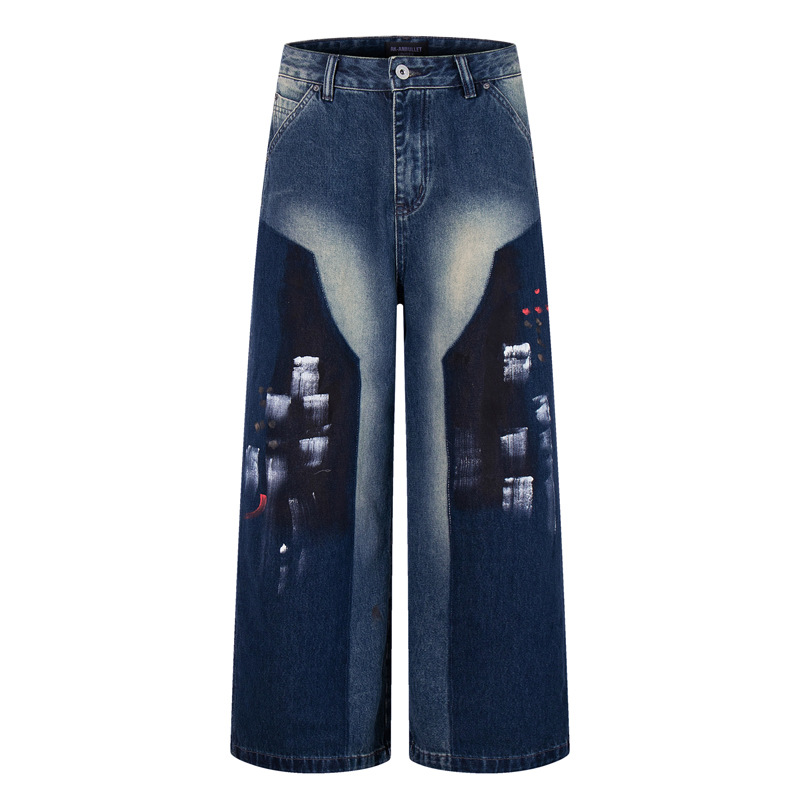 Hip-hop Style Dyed Graffiti Denim Pants for Men and Women, High Street Fashion, Straight Leg, Loose Fit, Casual Long Pants