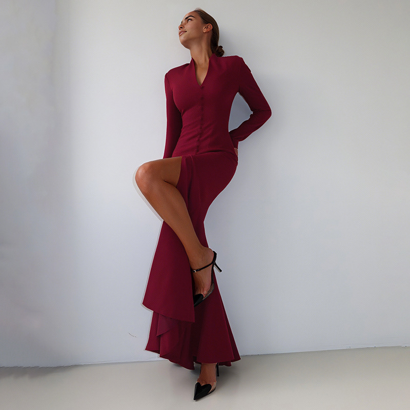 Plunging Neckline Long Sleeve Cinched Torso Vented Dress