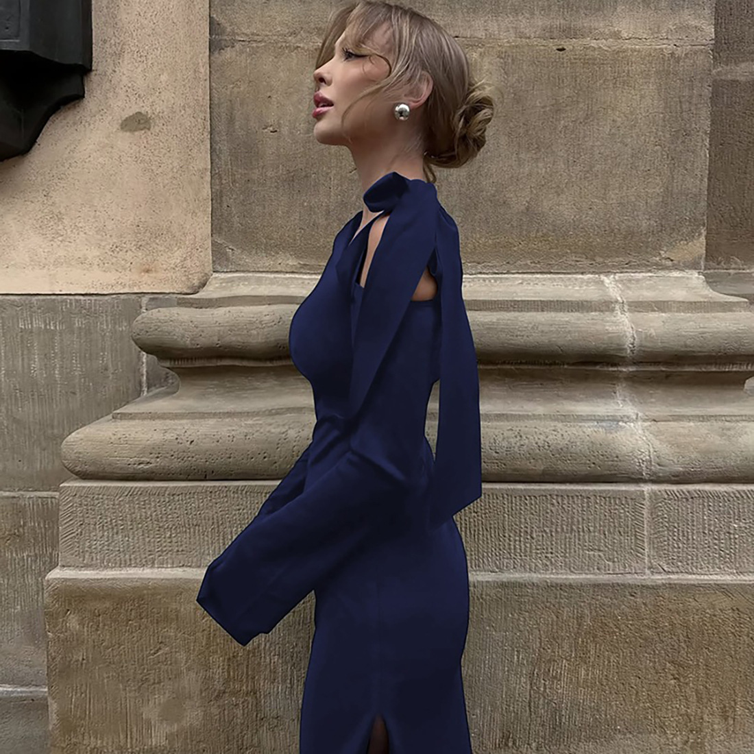 Asymmetric Drape Bodycon Side Split Extended Sleeve Dress