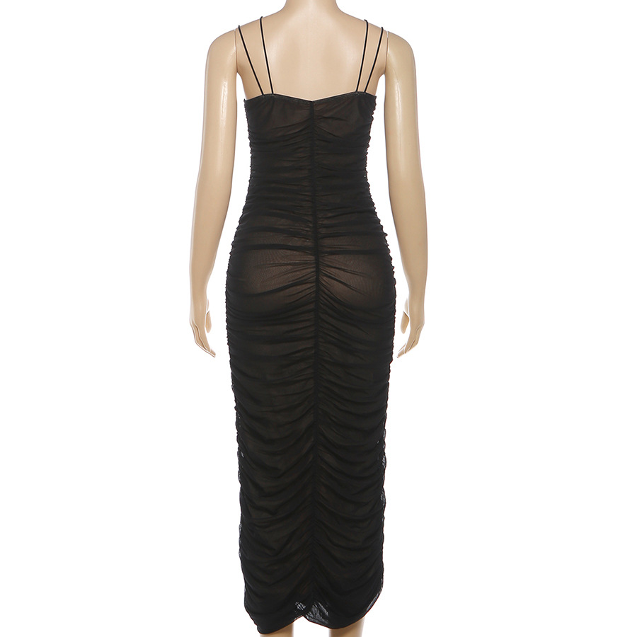 Plunging Sleeveless Spaghetti Strap Fluted Open Back Dress