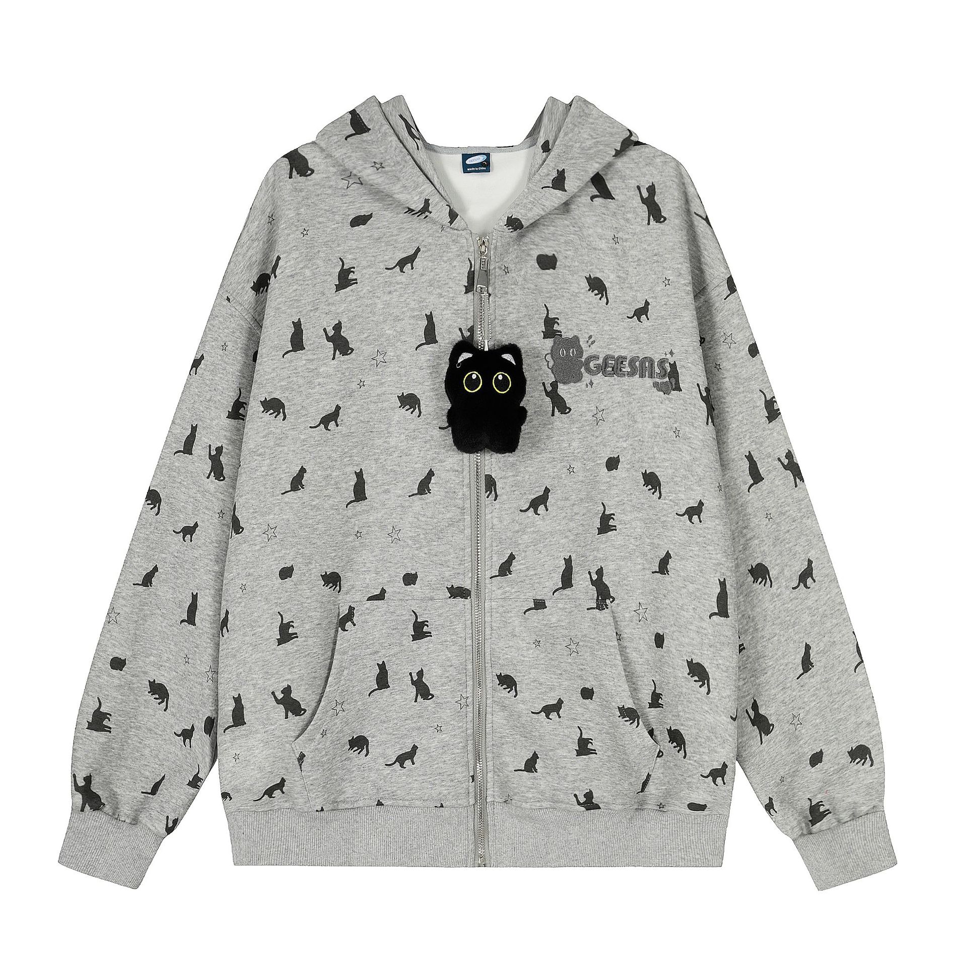 Cat printed zipper hoodie