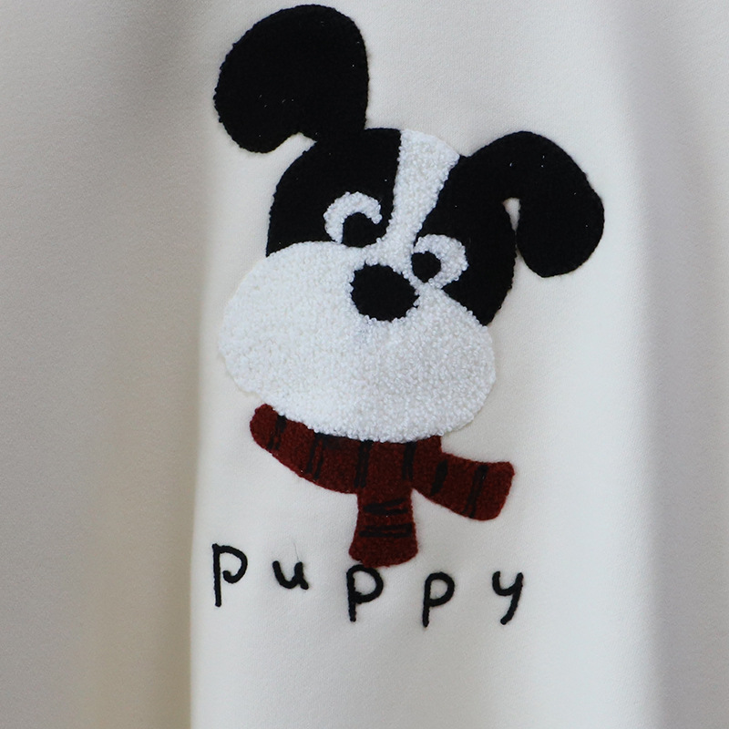 Casual Cartoon Embroidered Fleece Lined Thick Hoodie for Women Round Neck