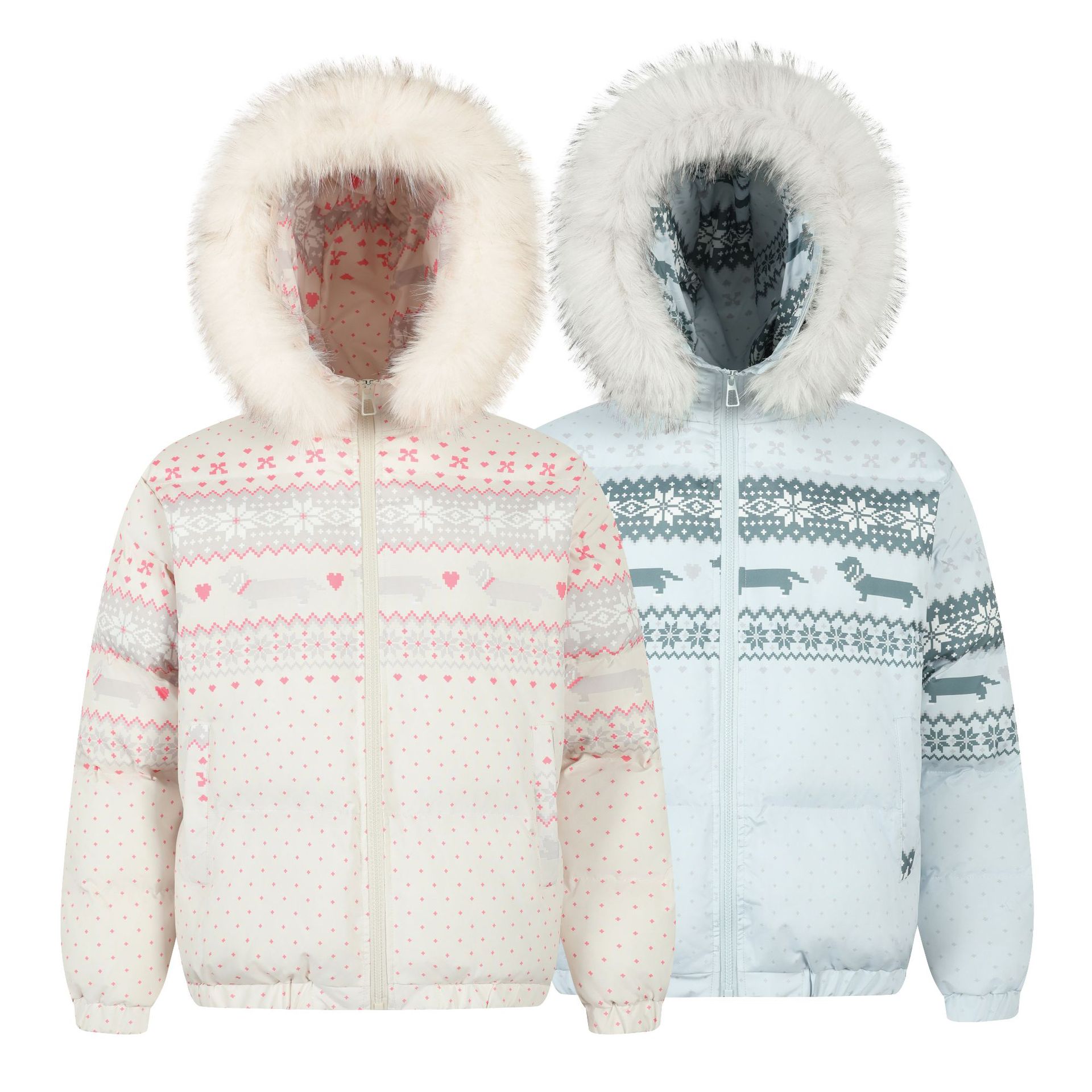 Hooded Fair Isle Detachable Fur Collar Cotton Coat Warm Outerwear