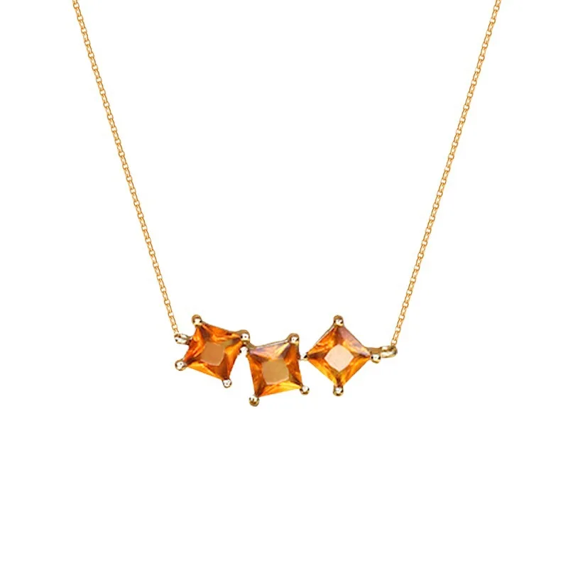 Real 925 Sterling Silver Geometric Vintage Orange Square Zircon Pendant Necklace 14k Gold Plating Wedding Jewelry