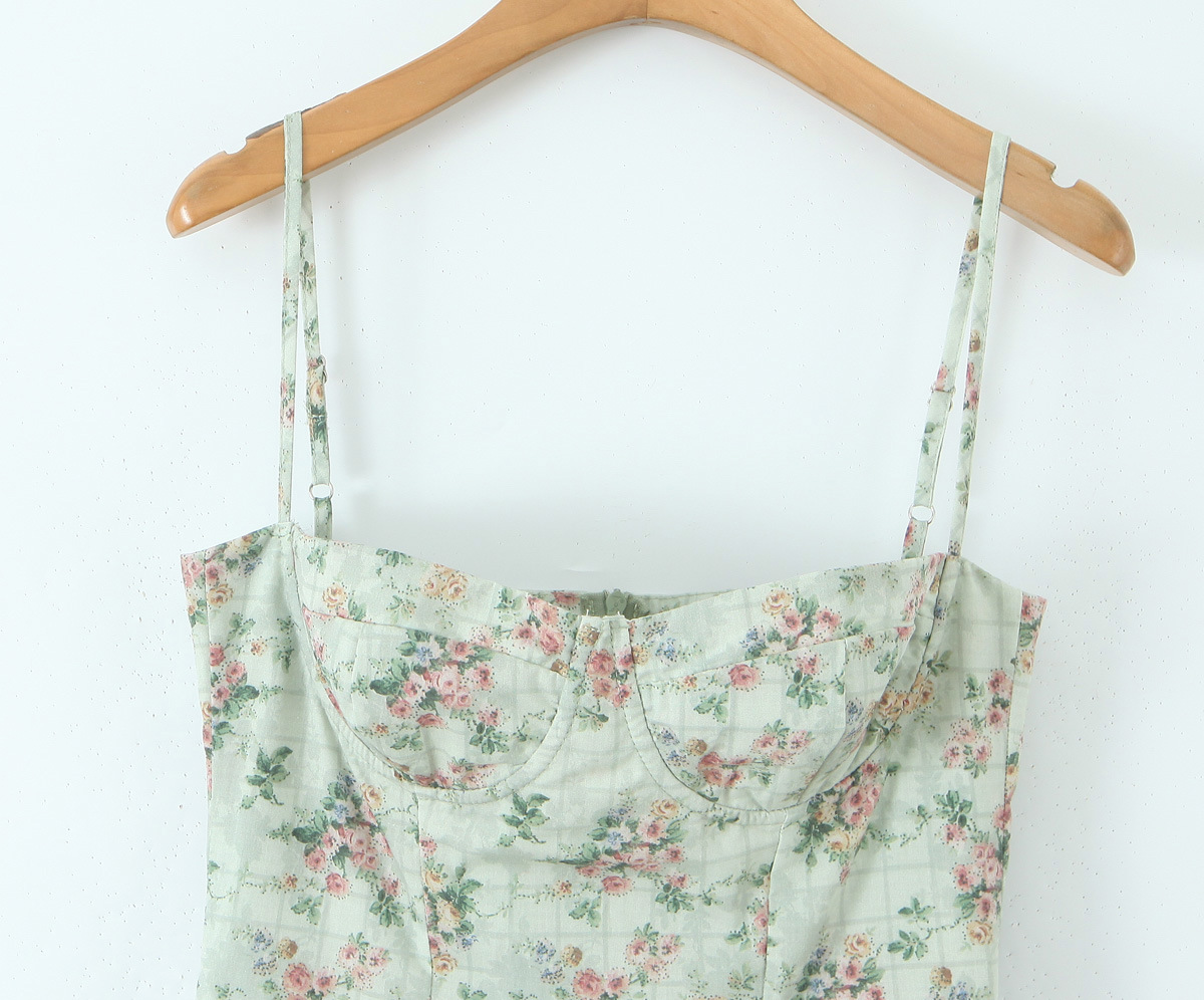 Green Floral Print Pleated Strapless Dress