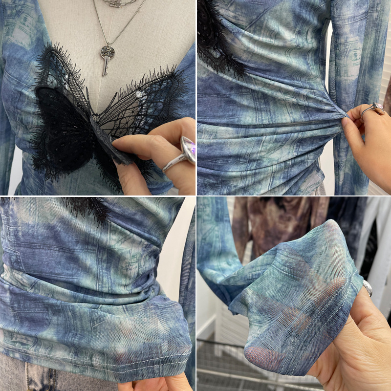 Plunging Neckline Long Sleeve Slim Fit Top