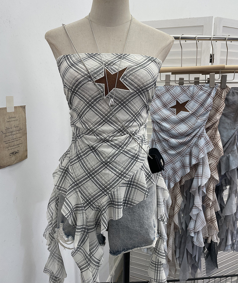 Sultry Asymmetric Plaid Mesh Strapless Top