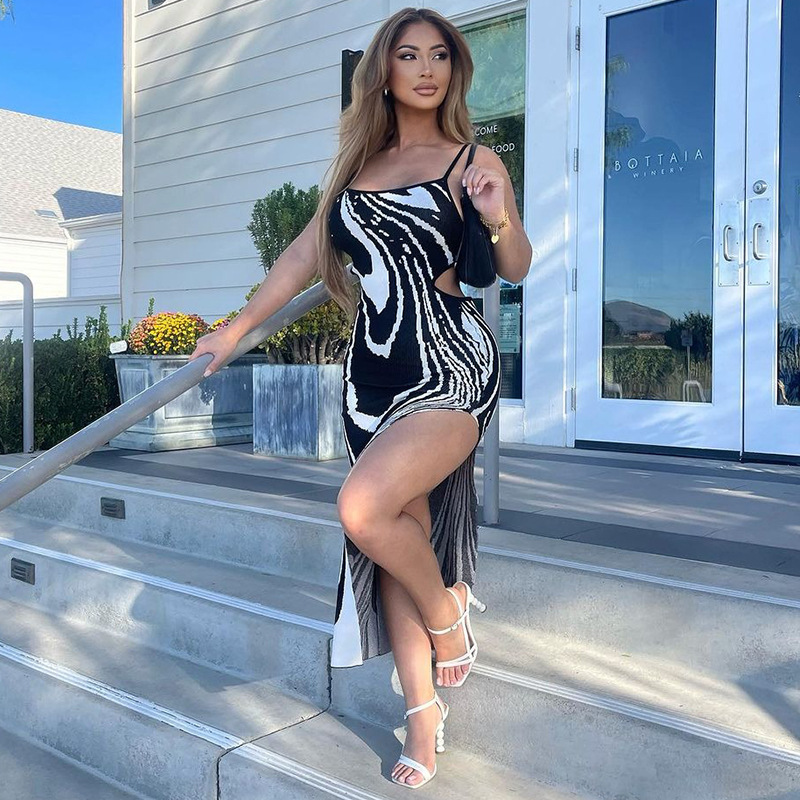 Printed sexy backless hollow slit suspender dress