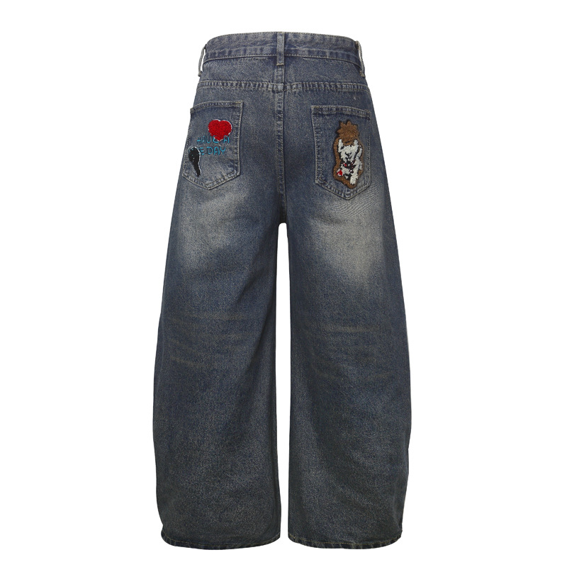 Vintage Cartoon Towel Embroidery Washed Knife-Edge Jeans Men Autumn Pendant Design Loose Wide-Leg Pants