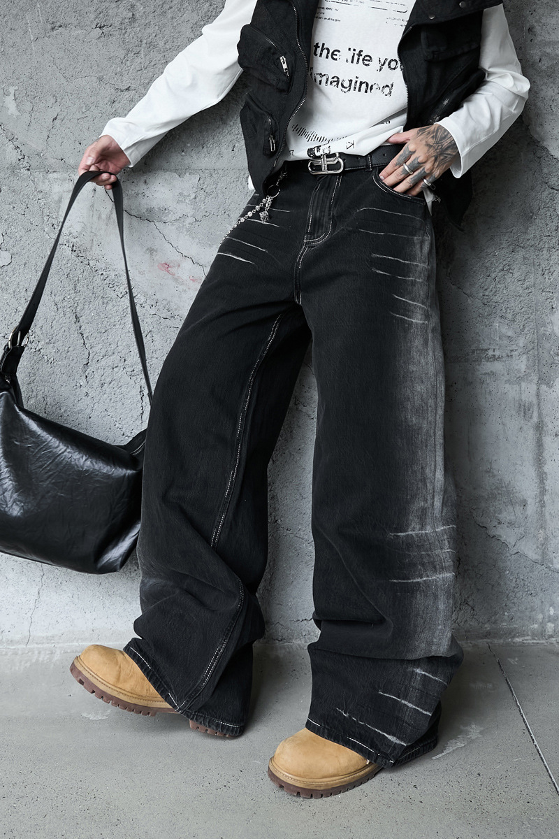 Vintage Washed Lightning Pattern Straight Leg Jeans Men High Quality Gradient Trendy Brand Wide Leg Pants