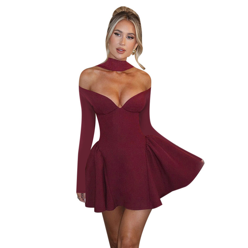 Curve-Defining Flared V-Neck Full Sleeve Dress