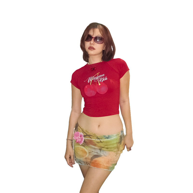 Tropical Print Raglan Fitted Crop Polyester Spandex T-Shirt